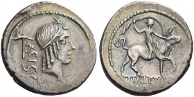 L. Valerius Acisculus. Denarius 45, AR 3.67 g. ACISCVLVS Head of Apollo r., hair tied with band; above, star and behind, acisculus. Rev. Europa seated...