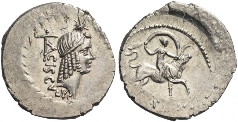 L. Valerius Acisculus. Denarius 45, AR 3.55 g. ACISCVLVS Head of Apollo r., hair...