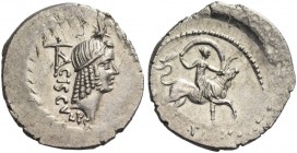 L. Valerius Acisculus. Denarius 45, AR 3.55 g. ACISCVLVS Head of Apollo r., hair tied with band; above, star and behind, acisculus. All within laurel ...