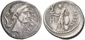 Iulius Caesar and M. Mettius. Denarius 44, AR 4.02 g. CAESAR·IMP Wreathed head of Caesar r.; behind, lituus and culullus. Rev. M METTIVS Venus standin...