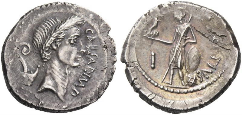 Iulius Caesar and M. Mettius. Denarius 44, AR 4.18 g. CAESAR·IMP Wreathed head o...