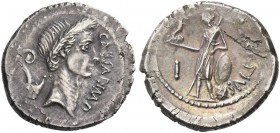 Iulius Caesar and M. Mettius. Denarius 44, AR 4.18 g. CAESAR·IMP Wreathed head of Caesar r.; behind, lituus and culullus. Rev. [M M]ETTIVS Venus stand...