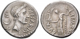 Iulius Caesar and L. Aemilius Buca. Denarius 44, AR 3.87 g. CAESAR·IM – P – M Wreathed head of Caesar r.; behind, crescent. Rev. L·AEMILIVS – BVCA Ven...