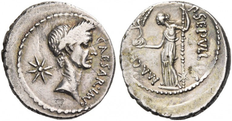 Iulius Caesar and P. Sepullius Macer. Denarius 44, AR 4.17 g. CAESAR·IMP Wreathe...