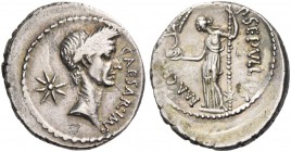 Iulius Caesar and P. Sepullius Macer. Denarius 44, AR 4.17 g. CAESAR·IMP Wreathed head of Caesar r.; behind, eight-rayed star. Rev. P·SEPVLLIVS – MA[C...