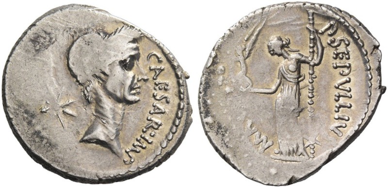 Iulius Caesar and P. Sepullius Macer. Denarius 44, AR 3.91 g. CAESAR·IMP Wreathe...