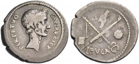 Iulius Caesar and L. Aemilius Buca. Denarius 44, AR 3.73 g. CAESAR·DICT – PERPETVO Wreathed head of Caesar r. Rev. Fasces and caduceus in saltire; on ...