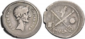 Iulius Caesar and L. Aemilius Buca. Denarius 44, AR 3.73 g. CAESAR·DICT – PERPETVO Wreathed head of Caesar r. Rev. Fasces and caduceus in saltire; on ...