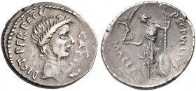 Iulius Caesar and P. Sepullius Macer. Denarius 44, AR 3.74 g. CAESAR·DICT – PERPETVO Wreathed head of Caesar r. Rev. P·SEPVLLIVS – MACER (downwards) V...
