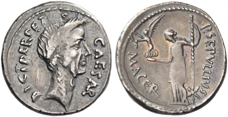 Iulius Caesar and P. Sepullius Macer. Denarius 44, AR 3.86 g. CAESAR – DICT PERP...