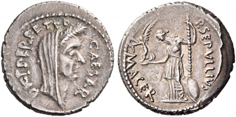 Iulius Caesar and P. Sepullius Macer. Denarius 44, AR 3.71 g. CAESAR – DICT·PERP...