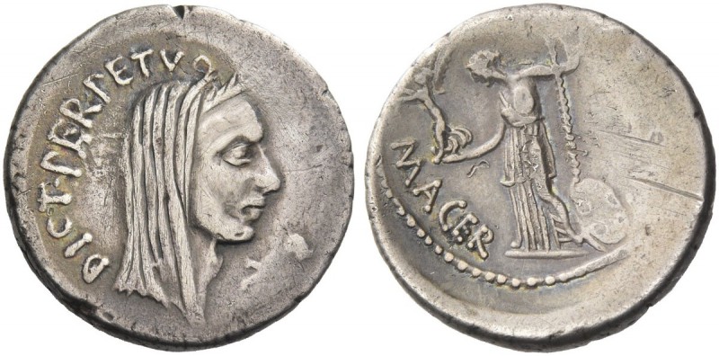 Iulius Caesar and P. Sepullius Macer. Denarius 44, AR 3.67 g. [CAESA]R – DICT·PE...