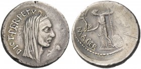 Iulius Caesar and P. Sepullius Macer. Denarius 44, AR 3.67 g. [CAESA]R – DICT·PERPETVO Veiled and wreathed head of Caesar r. Rev. [P·SEPVLLIVS] – MACE...