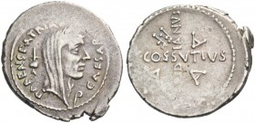 Iulius Caesar and C. Cossutius Maridianus. Denarius 44, AR 3.82 g. CAESAR – PARENS·PATR[IAE] Veiled and wreathed head of Caesar r.; behind, apex and b...
