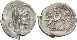P. Sepullius Macer. Denarius 44, AR 3.91 g. Bearded and veiled head of M. Antonius r.; behind, jug and before, lituus. Rev. P·SEPVLLIVS – MACER Desult...