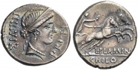 L. Flaminius Chilo. Denarius 41, AR 3.72 g. IIII·VIR – PRI·FL Diademed head of Venus r. Rev. Victory in prancing biga r.; below horses, L·FLAMIN. In e...