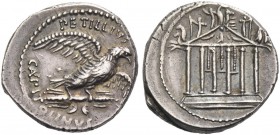 Petillius Capitolinus. Denarius 41, AR 4.22 g. PETILLIVS Eagle on thunderbolt r., with open wings; below, CAPITOLINVS. Rev. Hexastyle temple with deco...