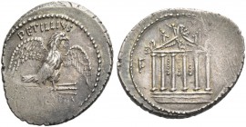 Petillius Capitolinus. Denarius 41, AR 3.89 g. PETILLIVS Eagle on thunderbolt r., with open wings; below, [CAPITOLINVS]. Rev. F – S Hexastyle temple w...
