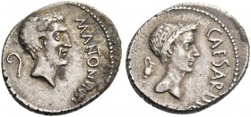Marcus Antonius. Denarius, Gallia Cisalpina 43, AR 3.58 g. M ANTON IM[P] Bearded head of Mark Antony r.; behind, lituus. Rev. CAESAR DI[C] Laureate he...
