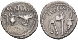 M. Antonius and M. Aemilius Lepidus. Quinarius, Gallia Transalpina 43, AR 1.87 g. M ANT (ligate) IMP Lituus, jug and raven. Rev. LEP·IMP Simpulum, asp...