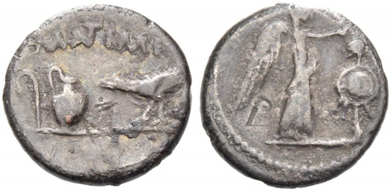 Marcus Antonius. Quinarius, Gallia Transalpina 43, AR 1.77 g. M ANT (ligate) IMP...