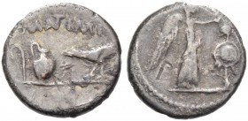 Marcus Antonius. Quinarius, Gallia Transalpina 43, AR 1.77 g. M ANT (ligate) IMP Lituus, jug and raven. Rev. Victory crowning trophy. Babelon Antonia ...