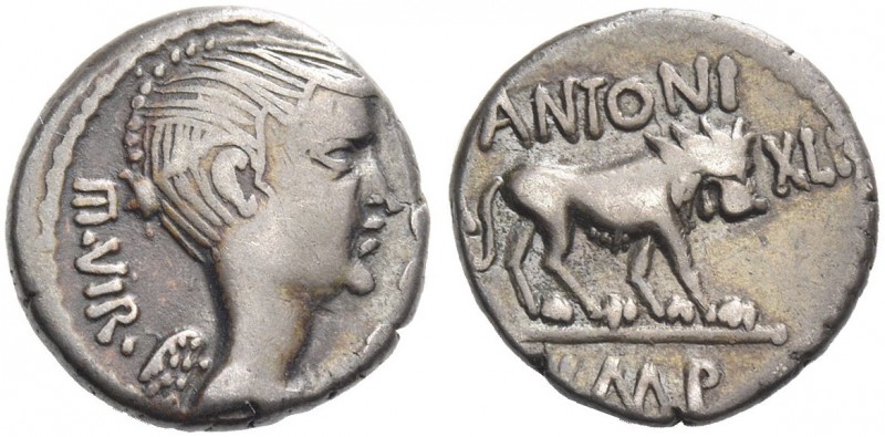 Marcus Antonius. Quinarius, Lugdunum 42, AR 1.73 g. III·VIR· – [R·P·C] Bust of V...