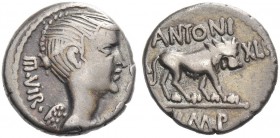Marcus Antonius. Quinarius, Lugdunum 42, AR 1.73 g. III·VIR· – [R·P·C] Bust of Victory r. Rev. ANTONI Lion walking r.; at sides, [A] – XLI. In exergue...