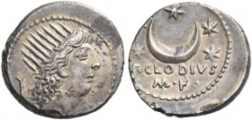 P. Clodius M. f. Turrinus. Denarius 42, AR 3.88 g. Radiate head of Sol r.; behind, quiver. Rev. Crescent surrounded by five stars; below, P.CLODIVS / ...