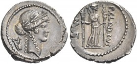 P. Clodius M. f. Turrinus. Denarius 42, AR 3.91 g. Laureate head of Apollo r.; behind, lyre. Rev. P.CLODIVS – ·M·F Diana standing facing, with bow and...