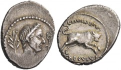 L. Livineius Regulus. Denarius 42, AR 3.98 g. Laureate head of Caesar r.; behind, laurel branch and before, caduceus. Rev. L·LIVINEIVS / REGVLVS Bull ...