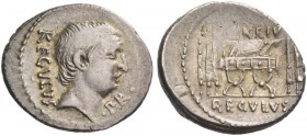 L. Livineius Regulus. Denarius 42, AR 3.58 g. REGVLVS·PR· Head of L. Regulus r. Rev. L·LIVINEIV[S] Curule chair; on either side, three fasces. In exer...