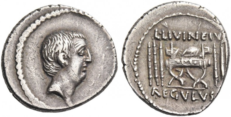 L. Livineius Regulus. Denarius 42, AR 3.88 g. Head of L. Regulus r. Rev. L·LIVIN...