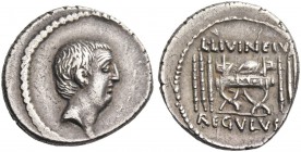 L. Livineius Regulus. Denarius 42, AR 3.88 g. Head of L. Regulus r. Rev. L·LIVINEIV[S] Curule chair; on either side, three fasces. In exergue, REGVLVS...