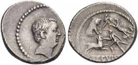 L. Livineius Regulus. Denarius 42, AR 3.88 g. Head of Livineius Regulus r. Rev. Combat of bestiarii; in exergue, L·REGVLV[S]. Babelon Livineia 12. Syd...