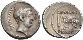 L. Livineius Regulus. Denarius 42, AR 3.99 g. L REGVLVS – ·PR· Head of Livineius Regulus r. Rev. REGVLVS·F Curule chair; on either side, fasces. In ex...