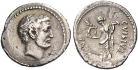 C. Vibius Varus. Denarius 42, AR 2.68 g. Bare head of M. Antonius r. Rev. C·VIBIVS – [VAR]VS Fortuna standing l., holding Victory and cornucopiae. Bab...