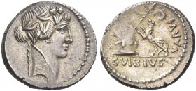 C. Vibius Varus. Denarius 42, AR 4.06 g. Head of Liber r., wearing ivy-wreath. Rev. VARVS Panther l. springing up towards garlanded altar on which res...