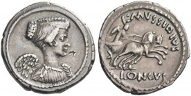 L. Mussidius T. f. Longus. Denarius 42, AR 3.98 g. Draped bust of Victory r. Rev. L·MVSSIDIVS Victory in prancing biga r.; below, LONGVS. Babelon Muss...