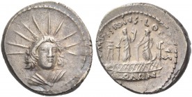 L. Mussidius T. f. Longus. Denarius 42, AR 4.04 g. Radiate and draped bust of Sol facing three-quarters r. Rev. [L]·MVSSIDIVS· LONGVS Shrine of Venus ...