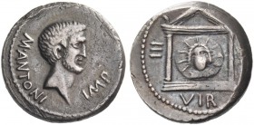 Marcus Antonius. Denarius, castrensis moneta in Italy (?) 42, AR 3.95 g. M·ANTONI – IMP Head of Marcus Antonius r. with light beard. Rev. III – VIR – ...