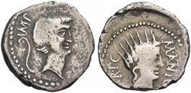 Marcus Antonius. Denarius, castrensis moneta in Greece (?) 42, AR 3.65 g. IMP Head of Marcus Antonius r. with light beard; behind, lituus. Rev. M ANTO...