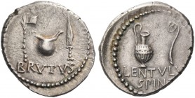 Q. Caepio Brutus and Lentulus Spint. Denarius, mint moving with Brutus and Cassius 43-42, AR 4.10 g. BRVTVS Axe, culullus and knife r. Rev. Jug and li...