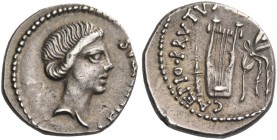 Q. Caepio Brutus. Denarius, mint moving with Brutus 43-42, AR 3.78 g. [LEIBERTA]S Head of Libertas r. Rev. CAEPIO·BRVTVS[·PRO·COS] Plectrum, lyre and ...