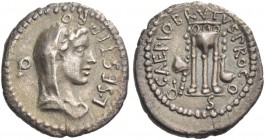Q. Caepio Brutus and L. Sestius Pro. Q. Denarius, mint moving with Brutus 43-42, AR 3.60 g. L·SESTI P – RO – Q Veiled and draped bust Libertas r. Rev....