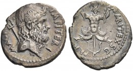 Sextus Pompeius. Denarius, Sicily 37-36, AR 3.55 g. Head of Neptune r., trident over shoulder; around, MAG PI – VS – IMP ITER. Rev. Trophy with triden...