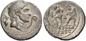 Sextus Pompeius. Denarius, Sicily 37-36, AR 3.58 g. [MAG·PIVS·IMP·ITE]R Head of Cn. Pompeius Magnus r.; behind jug and before, lituus. Rev. [PRÆF] Nep...
