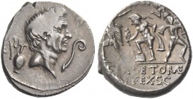 Sextus Pompeius. Denarius, Sicily 37-36, AR 3.80 g. MAG·PIVS·IMP·ITER Head of Cn. Pompeius Magnus r.; behind jug and before, lituus. Rev. [PRÆF] Neptu...