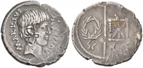 M. Arrius Secundus. Denarius 43, AR 3.52 g. M·ARRIVS – SE[CVNDVS] Male head r., with slight beard. Rev. Hasta pura between wreath and phalerae. Babelo...