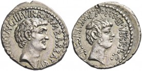 Marcus Antonius and C. Caesar Octavianus with M. Barbatius. Denarius, mint moving with M. Antony 41, AR 3.73 g. [M·ANT]·IMP·AVG·III·VIR·R·P·C·M BARBAT...